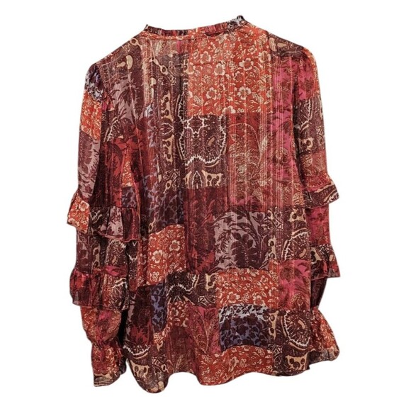 Frye Womens Tunic Top Patchwork Ruffled Long Sleeve Chiffon Peasant Boho Large - Picture 2 of 16
